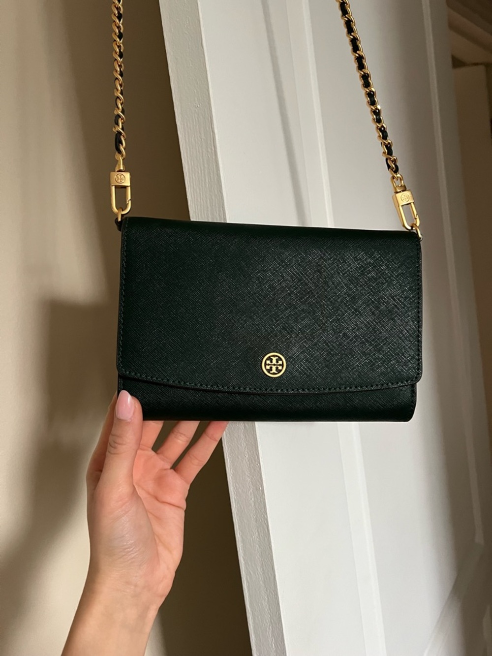 Tory Burch Black Saffiano Leather Crossbody with Gold Chain